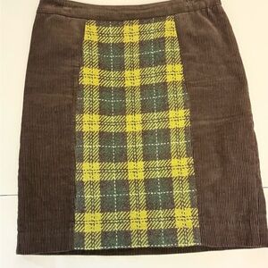 Maeve By Anthropologie Brown Corduroy Skirt with Yellow Plaid 100% Wool Sz 10